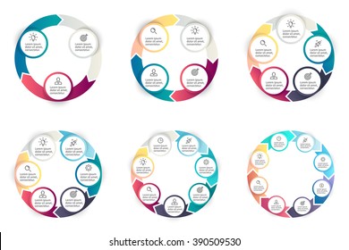 Circular infographics step by step. Charts, diagrams with arrows. Circular charts, diagrams with 3, 4, 5, 6, 7, 8 options, parts, processes. Vector business templates.