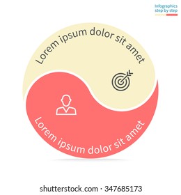 Circular infographics step by step with colored sections. Flat rounded, twisted pie chart with 2 steps, options, parts, processes. Vector circle template in cream and red for presentation.
