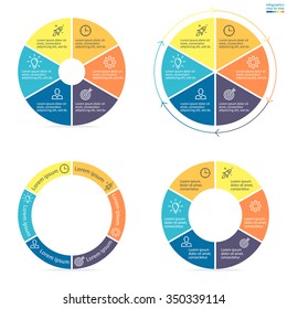 Circular Infographics Step By Step With Colored Sections. Pie Charts Of Different Shapes. Chart, Diagram With 6 Steps, Options, Parts, Processes. Vector Circle Template In Blue And Yellow.