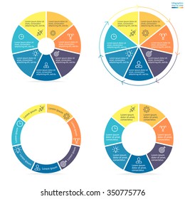 infografías circulares paso a paso con secciones coloreadas. Gráficos circulares de diferentes formas. Gráfico, diagrama con 7 pasos, opciones, piezas, procesos. Plantilla de círculo vectorial en azul y amarillo.