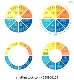 Circular infographics step by step with colored sections. Pie charts of different shapes. Chart, diagram with 8 steps, options, parts, processes. Vector circle template in blue and yellow.