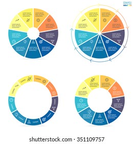 Circular Infographics Step By Step With Colored Sections. Pie Charts Of Different Shapes. Chart, Diagram With 9 Steps, Options, Parts, Processes. Vector Circle Template In Blue And Yellow.