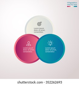 Circular infographics step by step with colored circles. Diagram, chart with 3 steps, options, parts, processes. Vector overlapping circles. 