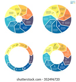 Circular infographics step by step with colored sections. Pie charts of different shapes with arrows. Chart, diagram with 9 steps, parts, processes. Vector circle template in blue and yellow.