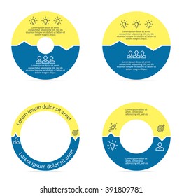 Circular infographics step by step with colored sections. Pie charts of different shapes with inner arrows. Chart, diagram with 2 steps, parts, processes. Vector circle template in blue and yellow.