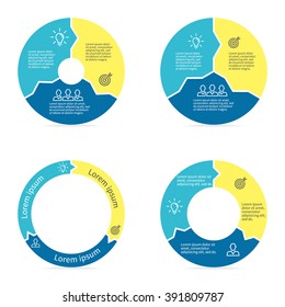 Circular infographics step by step with colored sections. Pie charts of different shapes with inner arrows. Chart, diagram with 3 steps, parts, processes. Vector circle template in blue and yellow.