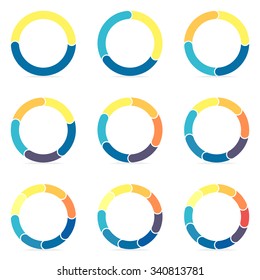 Circular infographics step by step. Flat thin pie charts with 2, 3, 4, 5, 6, 7, 8, 9, 10 steps, options, parts, processes with rounded section. Vector templates in blue and yellow for presentation.
