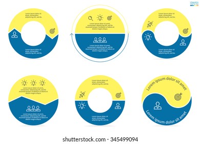 Circular infographics step by step. Flat charts, graphs, diagrams with 2 steps, options, parts, processes. Vector business templates in blue and yellow for presentation.