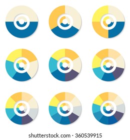 Circular infographics step by step. Flat pie charts with 2, 3, 4, 5, 6, 7, 8, 9, 10 steps, options, parts, processes with arrows. Vector circular templates for presentation.