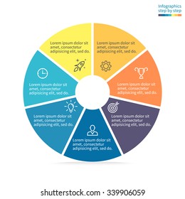 Circular infographics step by step. Pie chart with a hole in the center. Flat pie chart with 7 steps, options, parts, processes. Vector business template in blue and yellow for presentation.