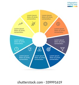 Circular infographics step by step. Pie chart with a hole in the center. Flat pie chart with 9 steps, options, parts, processes. Vector business template in blue and yellow for presentation.
