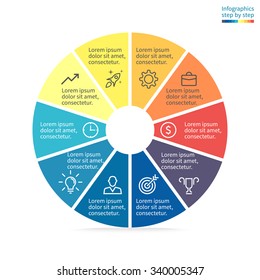 Circular infographics step by step. Pie chart with a hole in the center. Flat pie chart with 10 steps, options, parts, processes. Vector business template in blue and yellow for presentation.
