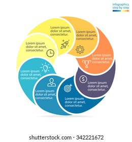 Circular infographics step by step. Pie chart with a hole in the center. Rounded flat pie chart with 8 steps, options, parts, processes. Vector business template in blue and yellow for presentation.