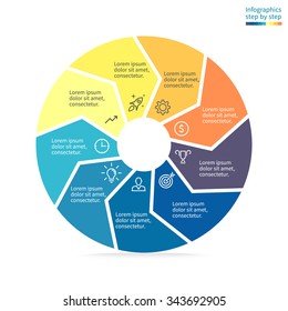 Circular infographics step by step. Pie chart with arrows. Flat pie chart with 9 steps, options, parts, processes. Vector business template in blue and yellow for presentation.