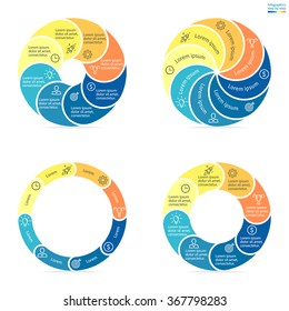 Circular infographics step by step with rounded colored sections. Set of flat pie charts. Chart, diagram with 8 steps, options, parts, processes. Vector circle template in blue and yellow.