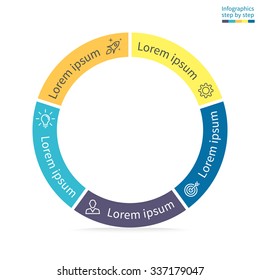Circular infographics step by step. Thin flat pie chart, graph, diagram with 5 steps, options, parts, processes. Vector business template in blue and yellow for presentation.