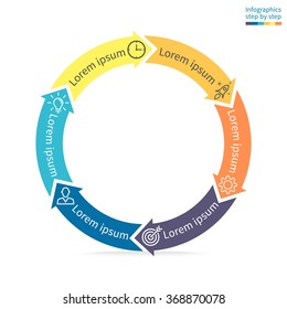 Circular infographics step by step. Thin flat pie chart, graph, diagram with 6 steps, options, parts, processes with arrows. Vector business template in blue and yellow for presentation.