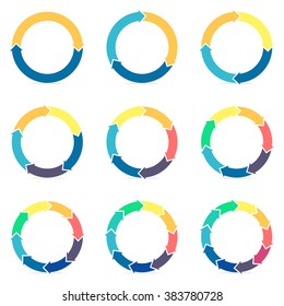 Circular infographics. Thin flat pie charts, diagrams with 2, 3, 4, 5, 6, 7, 8, 9, 10 steps, options, parts, processes with arrows. Vector business templates for presentation.