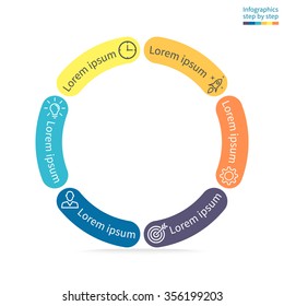 Circular infographics. Thin pie chart, graph, diagram with 6 steps, options, parts, processes with rounded section. Vector business template in blue and yellow for presentation and training.