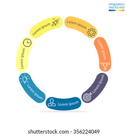 Circular infographics. Thin pie chart, graph, diagram with 7 steps, options, parts, processes with rounded section. Vector business template in blue and yellow for presentation and training.