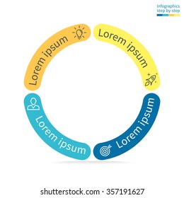 Circular infographics. Thin pie chart, graph, diagram with 4 steps, options, parts, processes with rounded section. Vector business template in blue and yellow for presentation and training.