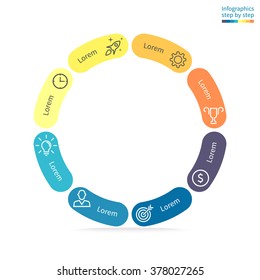 Circular infographics. Thin pie chart, graph, diagram with 8 steps, options, parts, processes with rounded section. Vector business template in blue and yellow for presentation and training.