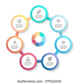 Circular infographics. Triangle diagram with arrows. Chart, diagram with 7 steps, options, parts, processes. 