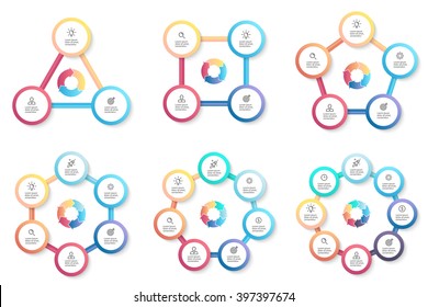 Circular infographics. Triangle, square, pentagon, hexagon, heptagon, octagon diagram with arrows. Chart, diagram with 3, 4, 5, 6, 7, 8 steps, options, parts, processes.