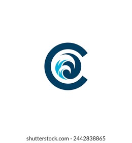 Circular Initial Letter C CC With Ocean Sea Waves For Surfing and Boat Ship Nautical Logo Design	