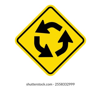 Circular Intersection Ahead Warning Sign Featuring a Yellow Diamond Shape with Black Arrows Forming a Circular Pattern, Indicating an Upcoming Roundabout, Available as a Vector File