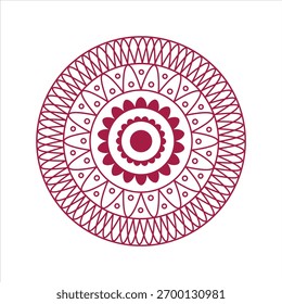 A circular, intricate mandala design with a repeating geometric pattern in shades of deep red and maroon on a white background.