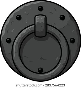 A circular iron door knocker with a rugged texture, featuring a central ring and decorative rivets on a dark grey background.