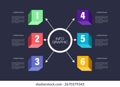 Infografía isométrica circular con 6 bloques para visualización de datos. Diseño de infografía con números del uno al seis y espacio para los datos.