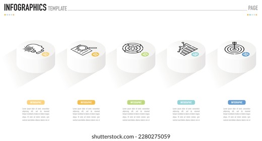 Circular isometrische Infografik-Vorlage oder Element mit 5 Stufen, Prozess, Option, bunter Etikett, Kreis, 3D-Bar, Spalte, Symbole, Treppe, Leiter, zum Verkauf angeboten, Folie, minimales einfaches, modernes Origami-Papier