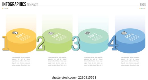 Plantilla o elemento infográfico isométrico circular como vector con 4 pasos, proceso, opción, círculo colorido, barra, columna, embudo, diapositiva de tubería en venta, estilo moderno mínimo, corte de papel de origami