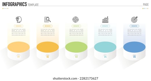 Plantilla o elemento infográfico isométrico circular como vector con 5 pasos, proceso, opción, círculo 3D colorido, iconos, embudo, diapositiva de escenario para la venta, estilo simple mínimo moderno, origami de papel objetivo 