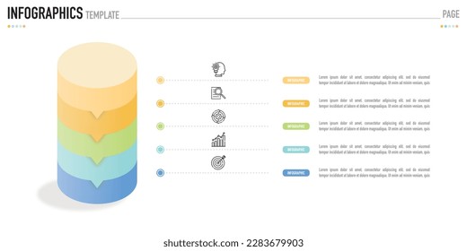 Circular isometric infographic template or element with 5 step, process, option, colorful 3D bar, column, circle, stage, icons, funnel, pyramid, thin line for sale slide, minimal modern simple style 