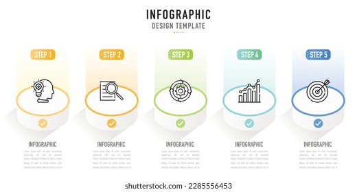 Circular isometric infographic template, element with 5 step, process, option, colorful circle, icons, rectangle, label, tag, button, stage, origami paper, gradient light for sale slide, modern style