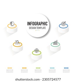 Circular isometric infographic template or element with 5 step, process, option, colorful 3D circle, icons, bar, column, button, label, paper origami, modern style for sale slide, workflow, flowchart