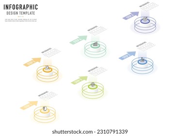 Circular isometric infographic template or element with 6 step, process, option, colorful 3D circle, arrow, icons, bar, stage, button, column, minimal, modern style for sale slide, flowchart, workflow