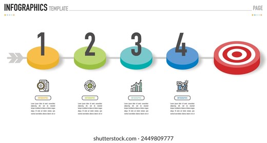 Kreisförmige isometrische Infografik-Vorlage oder -Element mit 4 Stufen, Prozess, Option, farbenfroher 3D-Kreis, Tag, Button, Etikett, Symbole, Zeile, Balken, Trichter, Fischgräte, Baum-Diagramm zum Verkauf Folie, Web, Flussdiagramm