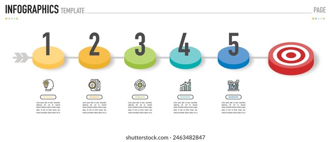 Circular isometric infographic template or element with 5 step, process, option, colorful 3D circle, tag, button, label, icons, row, bar, funnel, fishbone, tree diagram for sale slide, web, flowchart