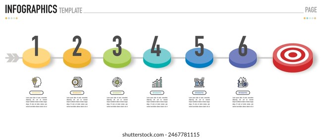 Circular isometric infographic template or element with 6 step, process, option, colorful 3D circle, tag, button, label, icons, row, bar, funnel, fishbone, tree diagram for sale slide, web, flowchart