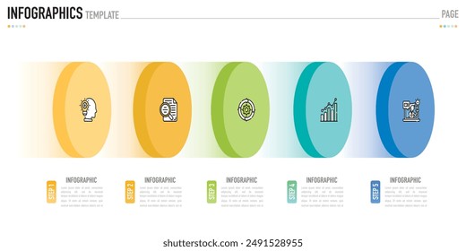 Circular isometric infographic template or element with 5 step, process, option, colorful 3D circle, tag, button, label, icons, row, bar, funnel, fishbone, tree diagram for sale slide, web, flowchart
