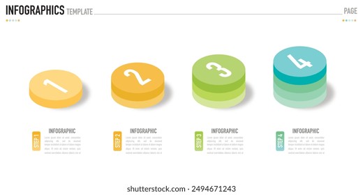Circular isometric infographic template or element with 4 step, process, option, colorful circle, bar, column, arrow, minimal style, slide