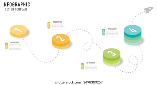 Circular isometric infographic template or element with 4 step, process, option, colorful circle, bar, column, arrow, minimal style, slide