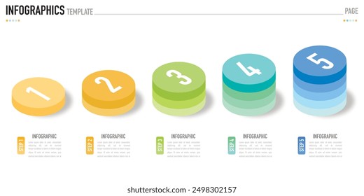 Circular isometric infographic template or element with 5 step, process, option, colorful circle, bar, column, arrow, minimal style, slide