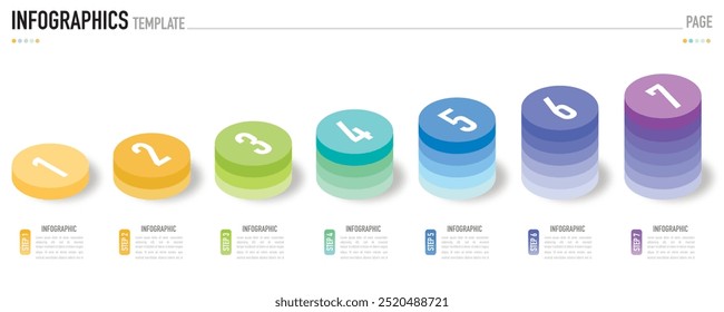 Infografía isométrica circular Plantilla o elemento con 7 pasos, proceso, opción, círculo colorido, barra, columna, flecha, estilo mínimo, diapositiva