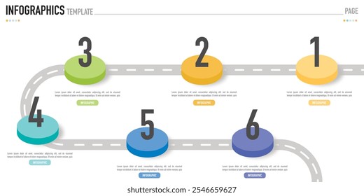 Plantilla isométrica circular de la infografía o elemento con 6 pasos, proceso, opción, círculo 3D colorido, etiqueta, Botón, etiqueta, iconos, fila, barra, embudo, espina de pescado, diagrama de árbol para la diapositiva de venta, Web, diagrama de flujo