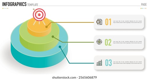 Circular isometric infographic template or element with 3 step, process, option, colorful 3D circle, tag, button, label, icons, row, bar, funnel, fishbone, tree diagram for sale slide, web, flowchart